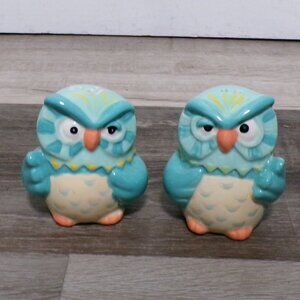 Grumpy Hoot Owl Salt And Pepper Shaker Turquoise Figural Ceramic 2.75"